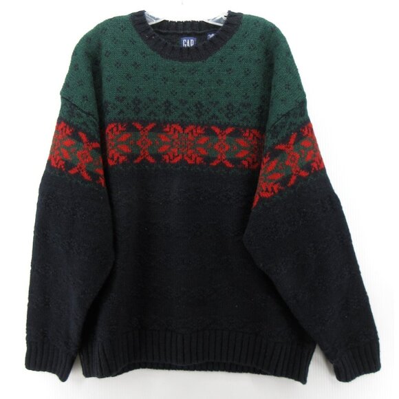 VINTAGE Gap Sweater XL Green Shetland Wool Nordic Fair Isle Ski 90s - Picture 1 of 10